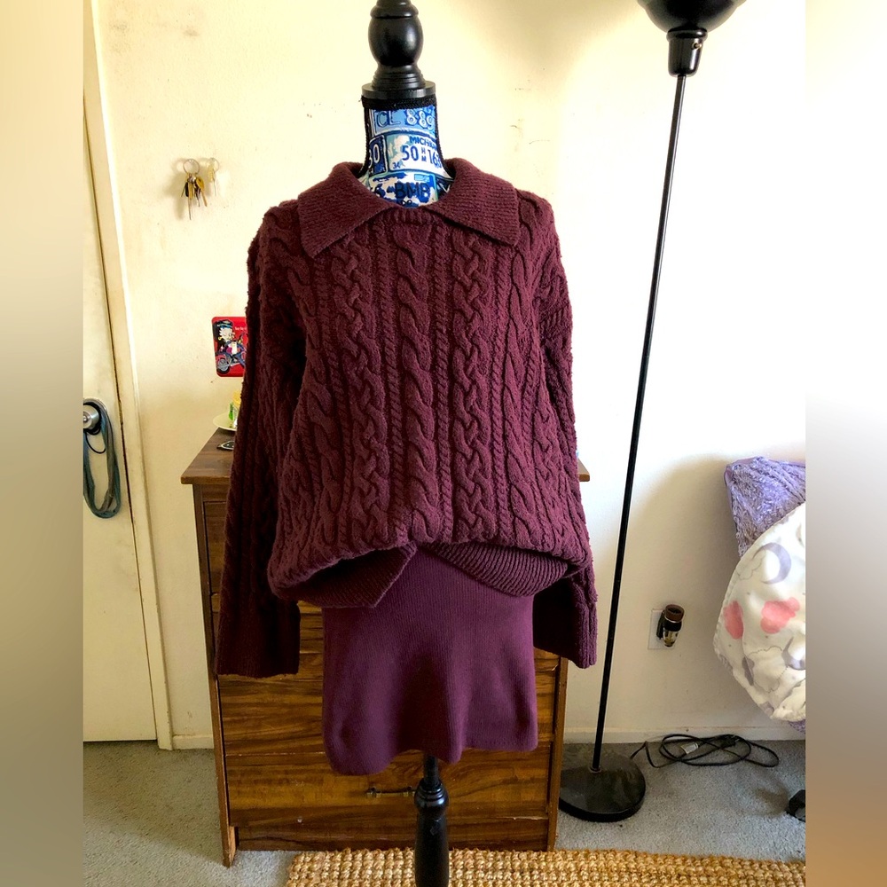 Free People Sexy Cable Knit Burgundy Sweater and skirt set
